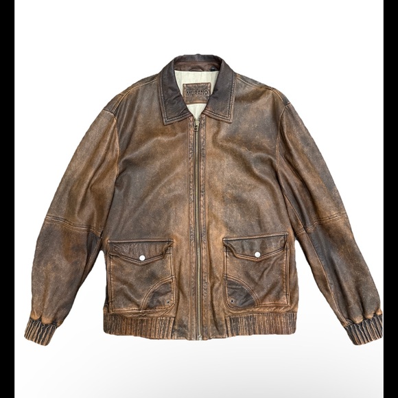 Murano Men's Distressed Brown Leather Jacket W/Cotton Horse Print